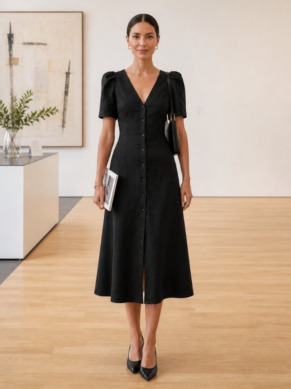 Reformation Newbury Black Linen Midi Dress V Neck Puff Sleeve Tie Back Size 0